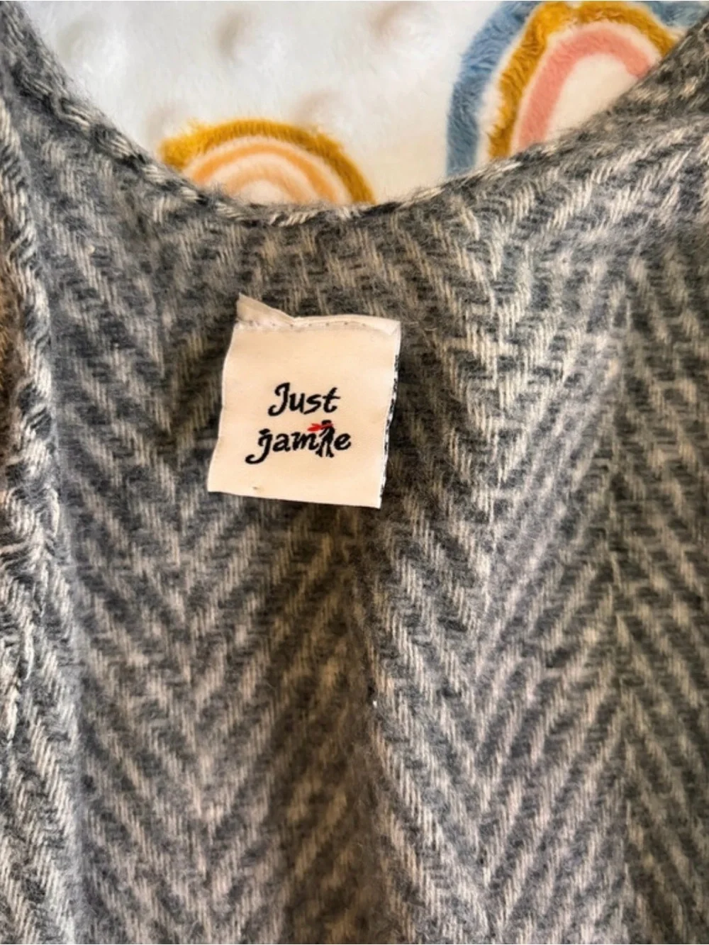 Just Jamie Gray Herringbone Cardigan with Mint and Coral Stripes